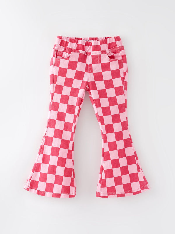 girls-pink-plaid-print-elastic-flared-pants-jeans Rylee Faith Designs - Sophia's StyleJeans-1
